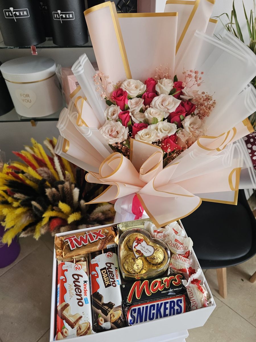 Bouquet Roses et Box Gourmand