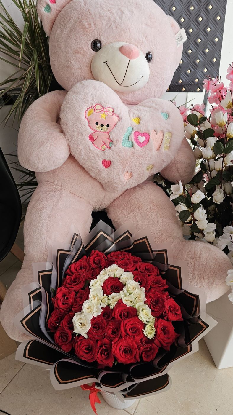 Ours Rose et Bouquet Initiale